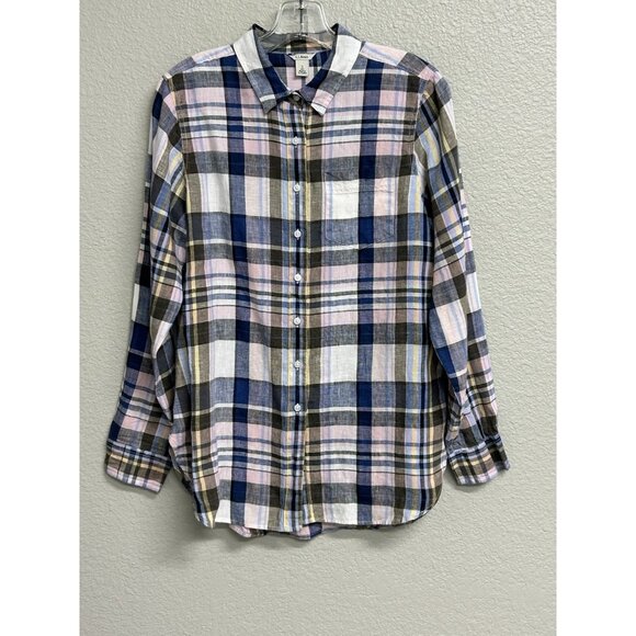 LL Bean Womens 100% Linen Plaid Button Up Collared Shirt Size Small Blue Blouse - Picture 1 of 9